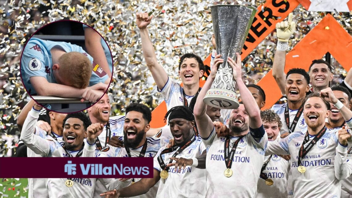 Aston Villa lifting the Europa League alongside a circle inset of Aston Villa fan looking annoyed