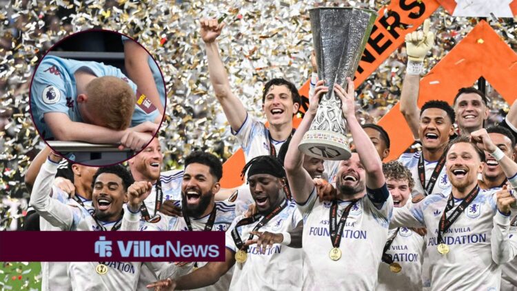 Aston Villa lifting the Europa League alongside a circle inset of Aston Villa fan looking annoyed