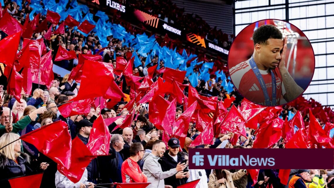 Aston Villa fans waving flags at Villa Park alongside a circle inset of Gabriel after Arsenal lost the Champions League final against PSG