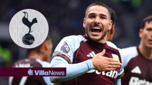 Emi Buendia of Aston Villa celebrates after scoring to make it 2-1 during the Tottenham Hotspur vs Aston Villa Premier League match at the Tottenham Hotspur Stadium
