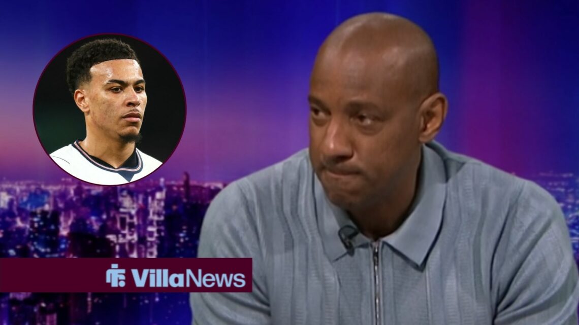 Dion Dublin speaking on Match of the Day looking towards a circle inset of Morgan Rogers playing for England