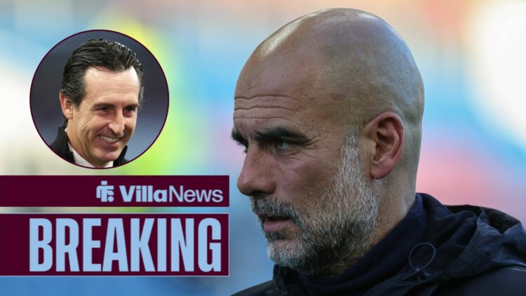 Aston Villa boss Unai Emery looking at Manchester City head coach Pep Guardiola.