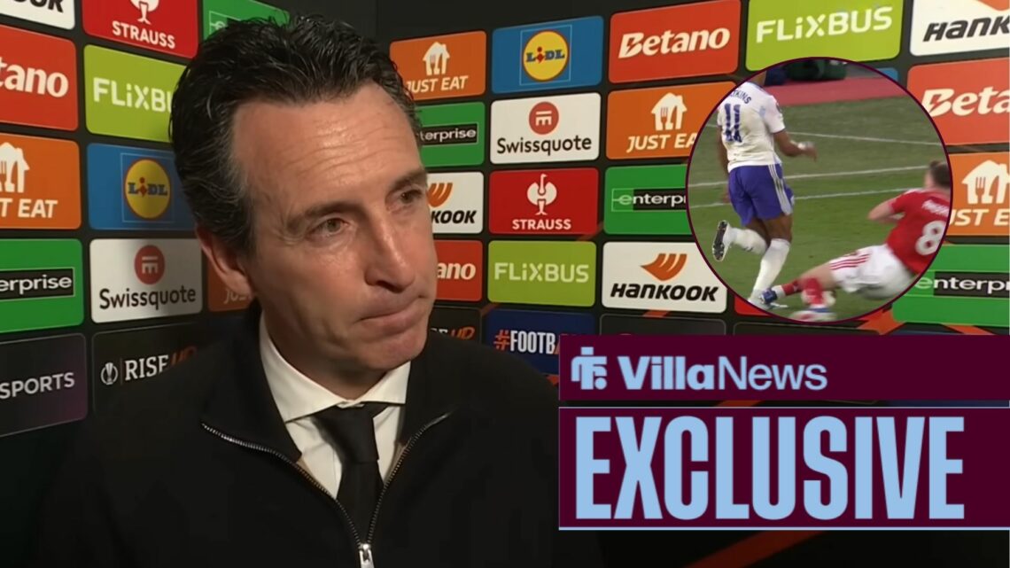 Unai Emery speaking in a post-match press conference looking towards a circle inset of Elliot Anderson tackle on Ollie Watkins