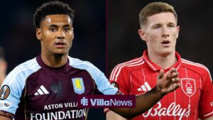 Ollie Watkins looking concentrated playing for Aston Villa and Elliot Anderson of Nottingham Forest during the Nottingham Forest vs FC Midtjylland UEFA Europa League match at the City Ground