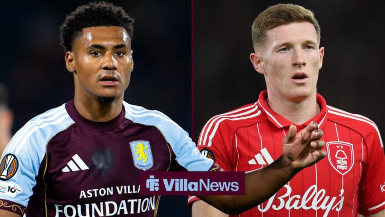 Ollie Watkins looking concentrated playing for Aston Villa and Elliot Anderson of Nottingham Forest during the Nottingham Forest vs FC Midtjylland ...