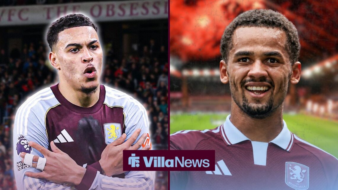 Iliman Ndiaye and Morgan Rogers celebrating in split images, both in Aston Villa home shirts