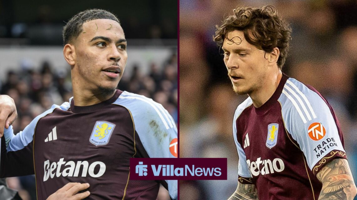 Morgan Rogers looking at Aston Villa team-mate Victor Lindelof.
