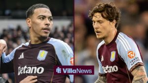 Morgan Rogers looking at Aston Villa team-mate Victor Lindelof.