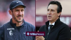 Freiburg manager Julian Schuster with Aston Villa manager Unai Emery during the Premier League match between West Ham and Aston Villa at London Stadium