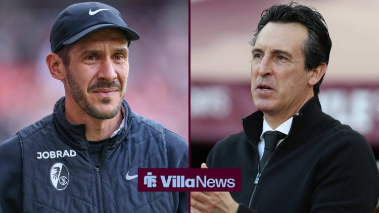 Freiburg manager Julian Schuster with Aston Villa manager Unai Emery during the Premier League match between West Ham and Aston Villa at London Sta...