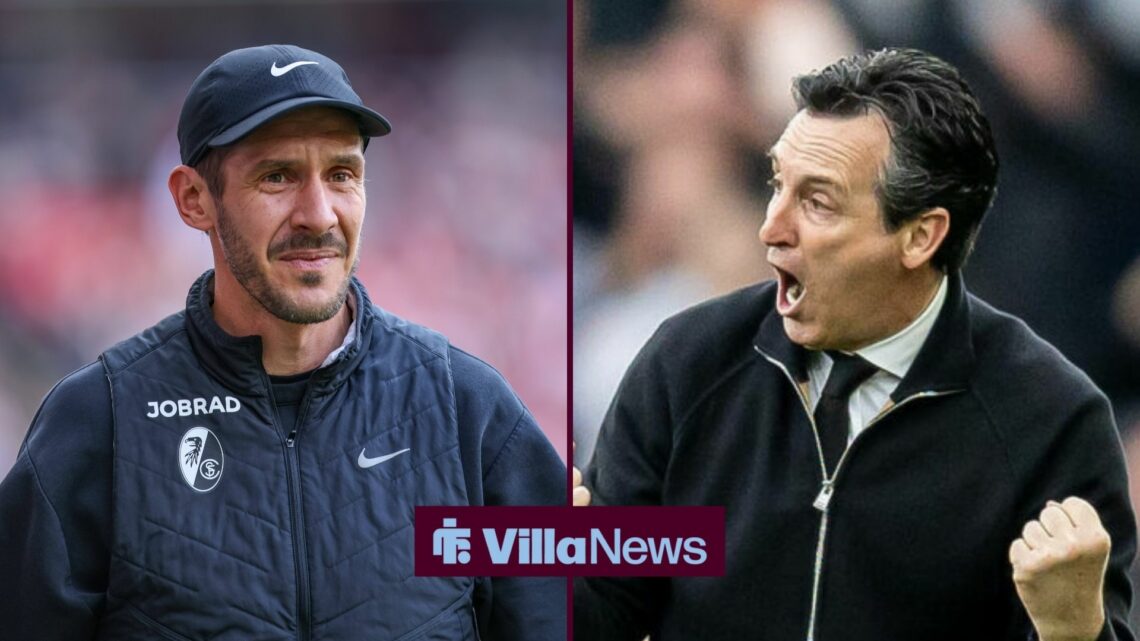 Julian Schuster, the Freiburg manager, looking at Aston Villa boss Unai Emery.