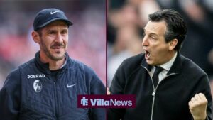 Julian Schuster, the Freiburg manager, looking at Aston Villa boss Unai Emery.