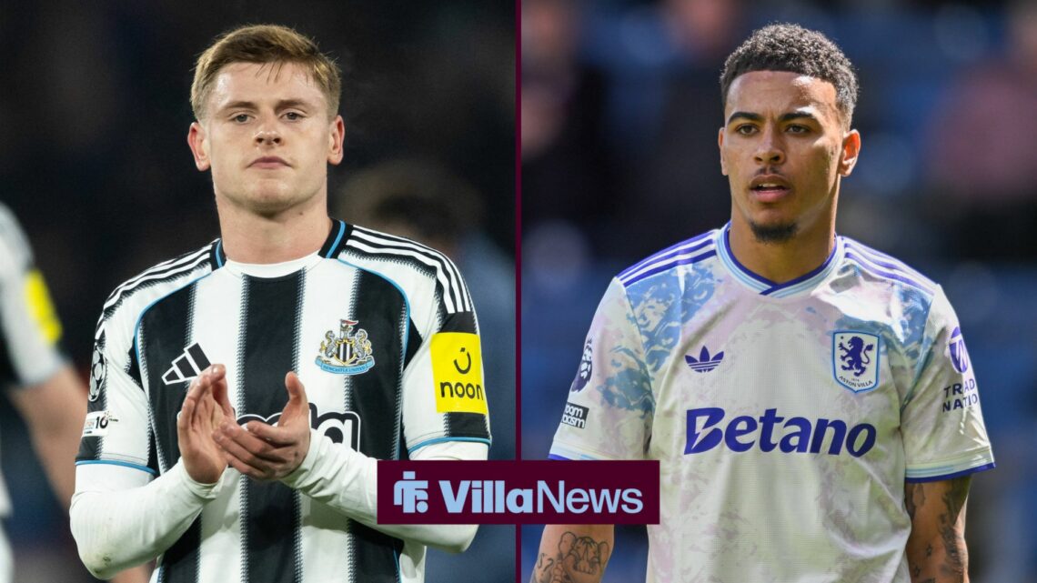 Newcastle United's Harvey Barnes standing in a 50/50 split image with Aston Villa star Morgan Rogers.