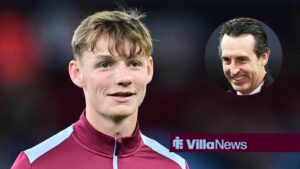 Aston Villa youngster Tommi O'Reilly looking at Aston Villa's manager, Unai Emery.