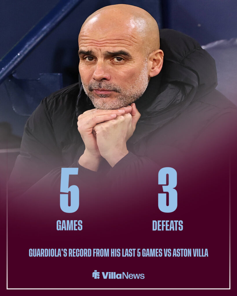 Pep Guardiola's record against Aston Villa from his last five games