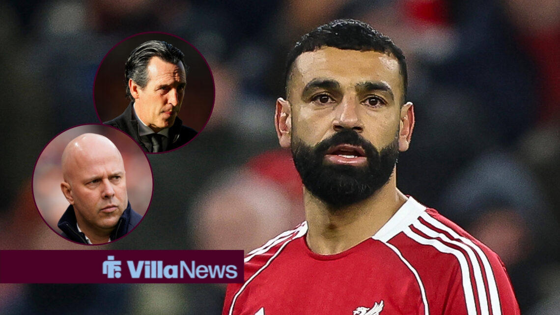 Mohamed Salah of Liverpool in the Champions League clash with Qarabag, Arne Slot and Unai Emery in insets.