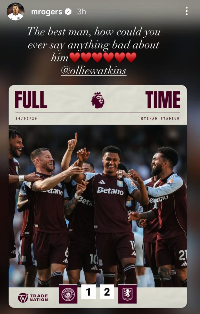 Morgan Rogers' Instagram stories post about Aston Villa teammate Ollie Watkins