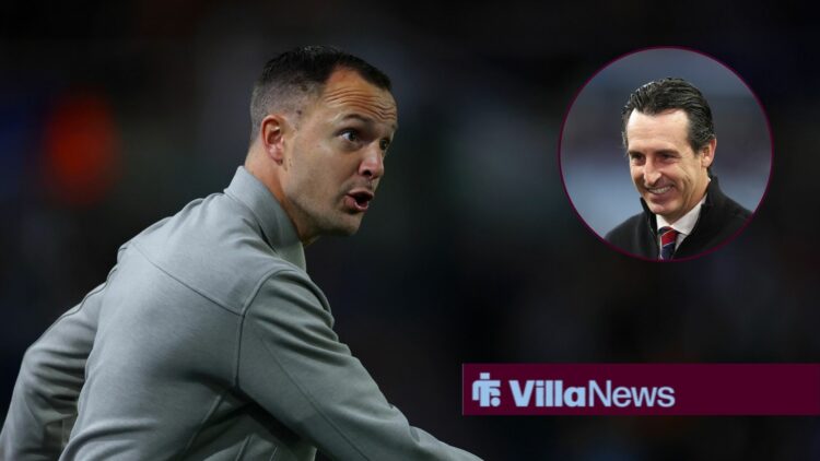 Birmingham City manager Chris Davies looking at a circular inset of Unai Emery.