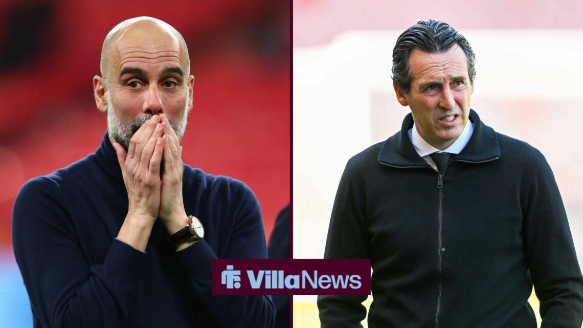 A 50-50 split image of Pep Guardiola and Unai Emery.