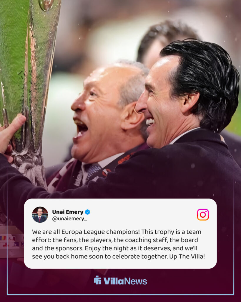 Aston Villa manager Unai Emery and owner Nassef Sawiris celebrating with Europa League trophy