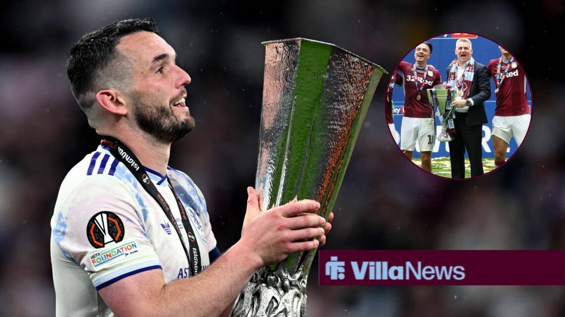 John McGinn lifting the Europa League, looking at a circular inset of Aston Villa winning the playoffs.