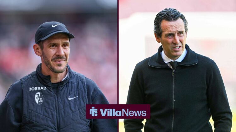 A 50-50 split image of Julian Schuster and Unai Emery in charge of Freiburg and Aston Villa.