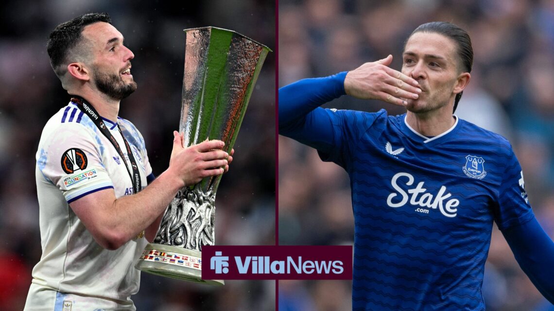 John McGinn with the Europa League trophy, with Jack Grealish alongside him in a split image