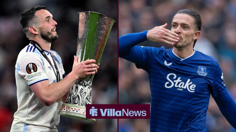 John McGinn with the Europa League trophy, with Jack Grealish alongside him in a split image
