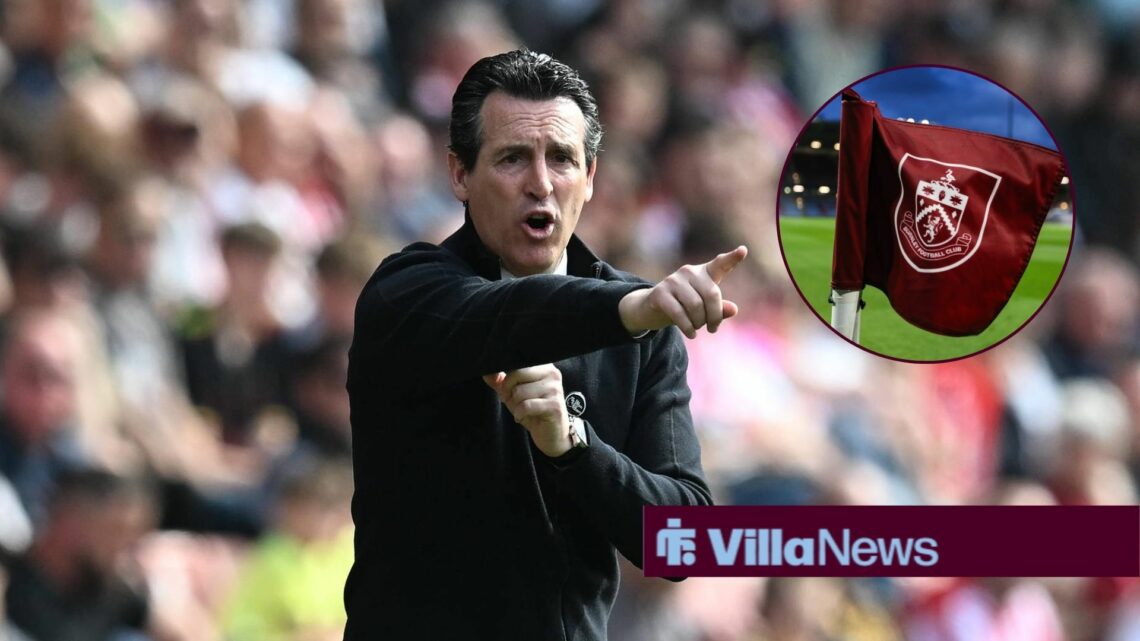 Unai Emery pointing to a circular inset containing the Burnley corner flag.