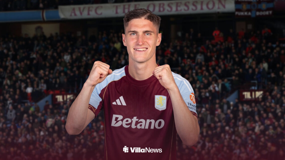 Roland Sallai celebrating in an Aston Villa shirt