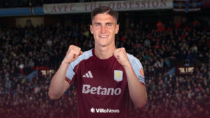 Roland Sallai celebrating in an Aston Villa shirt