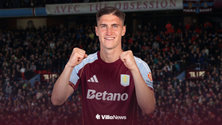 Roland Sallai celebrating in an Aston Villa shirt