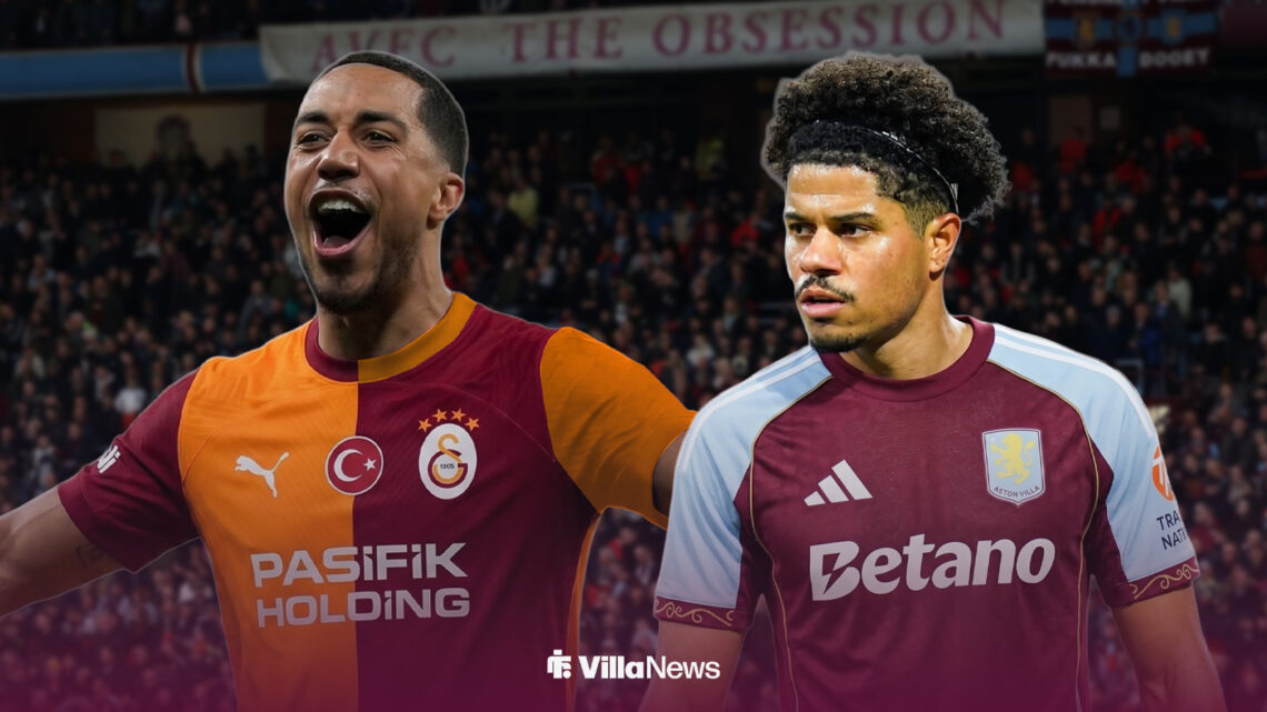 Youri Tielemans in Galatasaray shirt with Gabriel Sara in Villa shirt