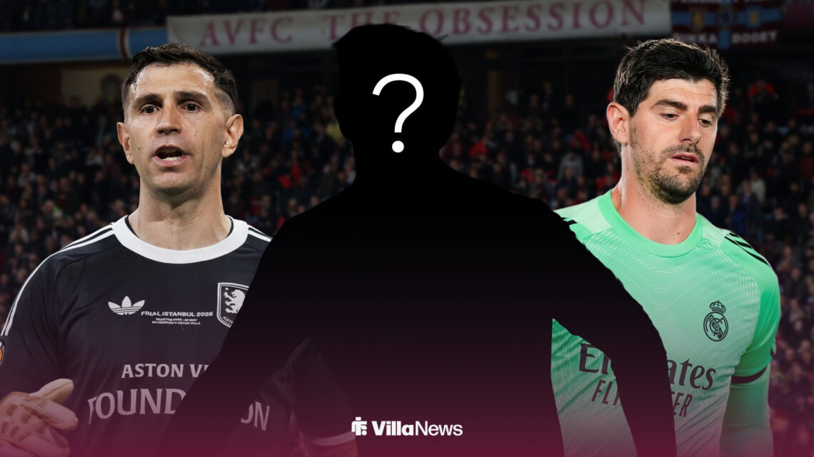 Aston Villa goalkeeper Emi Martinez and Real Madrid's Thibaut Courtois with blank silhouette figure with Villa Park in the background