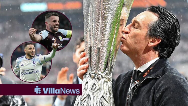 Unai Emery manager of Aston Villa kisses the trophy after winning the Europa Cup final. Istanbul Tupras Stadium, Emi Buendia of Aston Villa celebra...