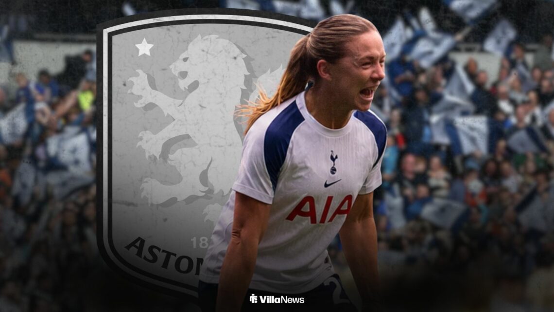 Kirsty Hanson in a Tottenham shirt alongside an Aston Villa badge