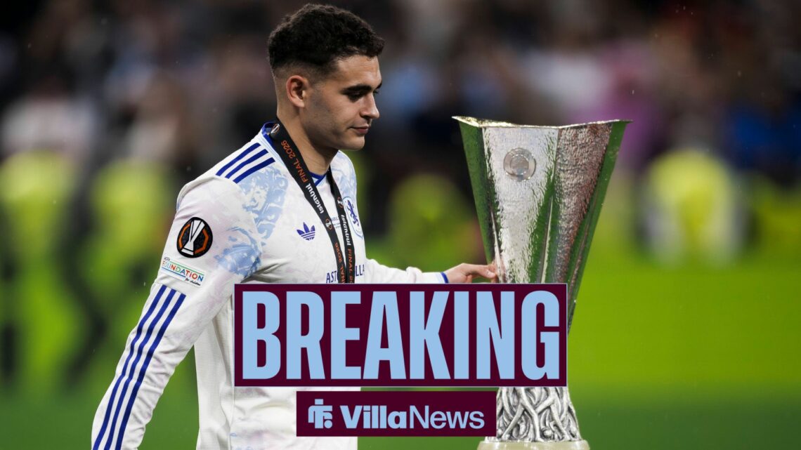 Andres Garcia of Aston Villa FC walks past to the trophy during the award ceremony following the UEFA Europa League 2025 26 final football match be...