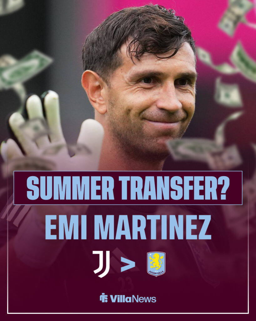 A graphic featuring Emi Martinez, money, alongside the Juventus and Aston Villa badges.