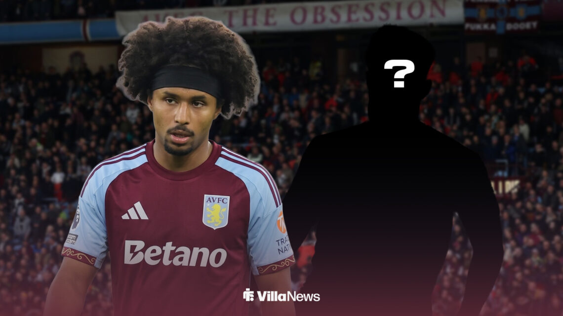 Borussia Dortmund's Karim Adeyemi wearing an Aston Villa shirt next to a blank silhouette with Villa Park in the background